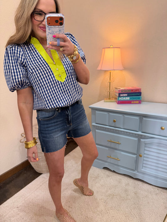 Indigo Checkered Ruffle Neck Detail Button Top