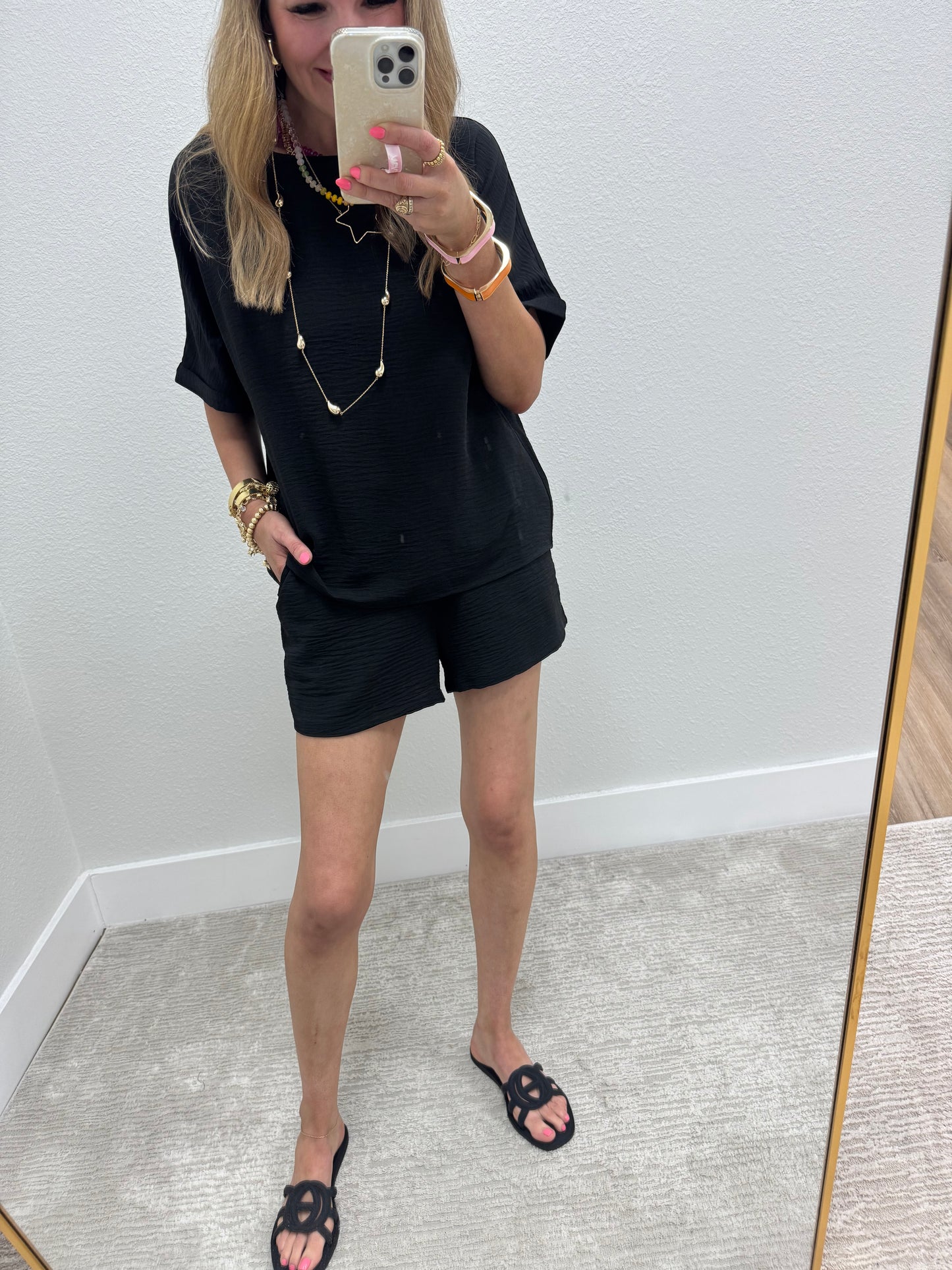Black Two Piece Poly Short Set