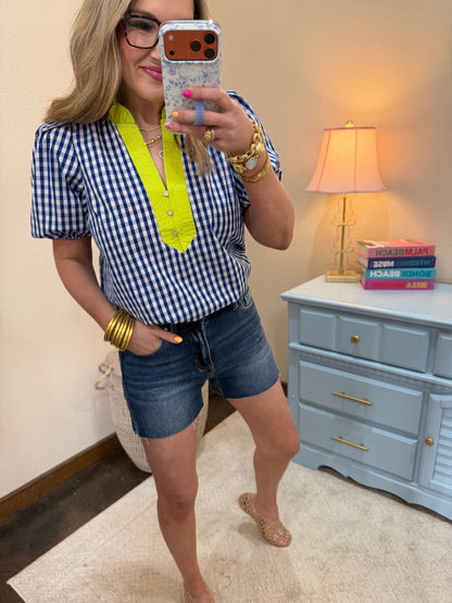 Indigo Checkered Ruffle Neck Detail Button Top