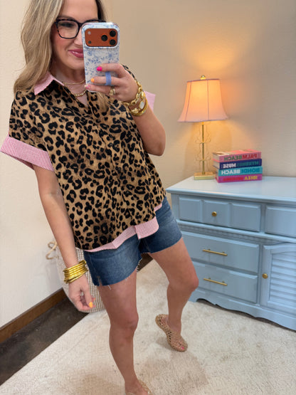 Red Leopard Button Down Top