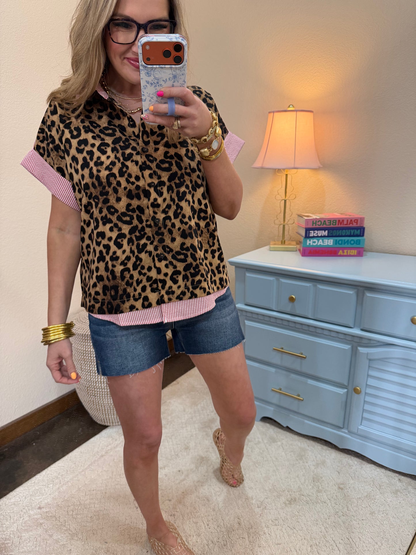 Red Leopard Button Down Top