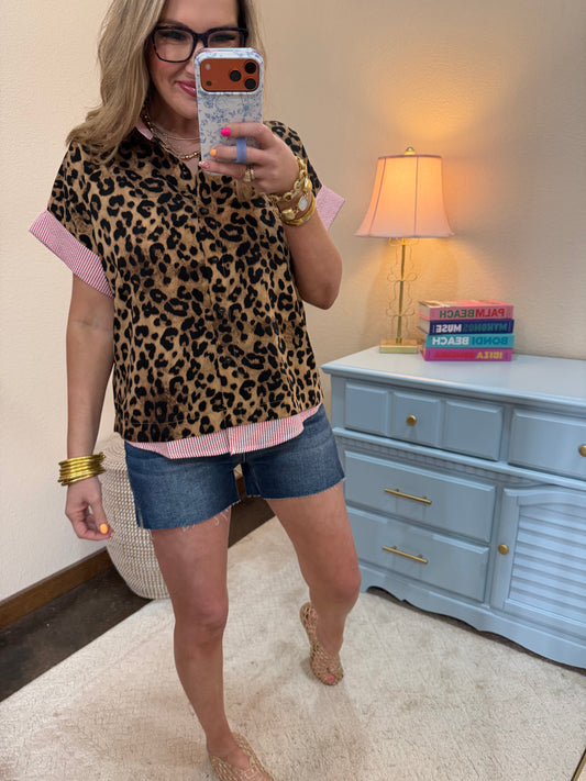 Red Leopard Button Down Top