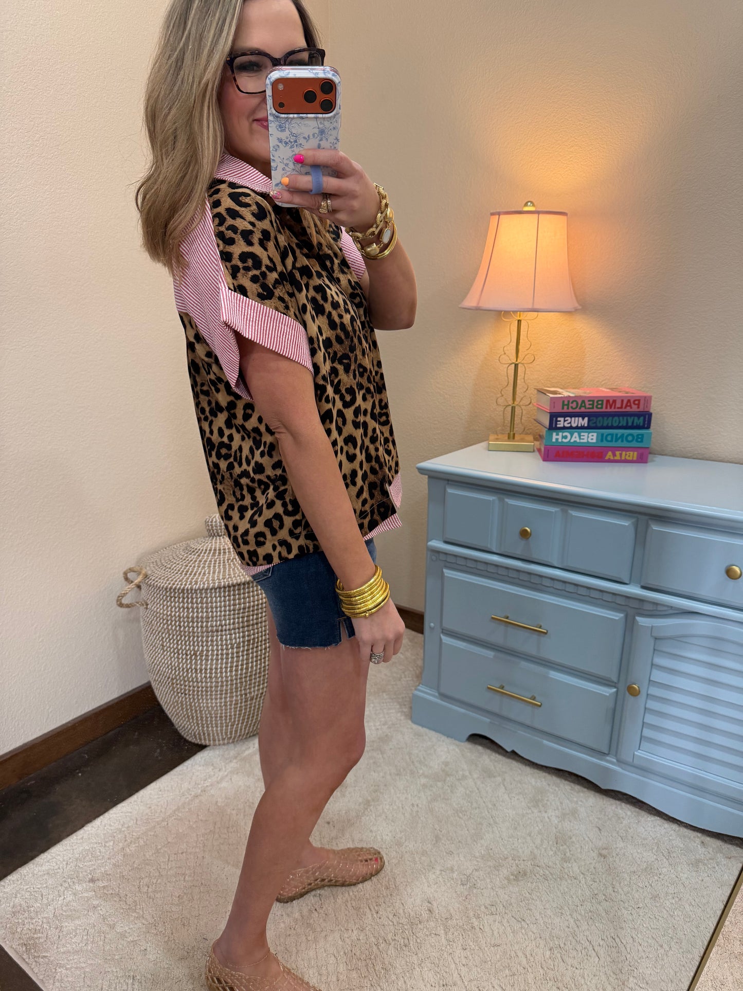 Red Leopard Button Down Top