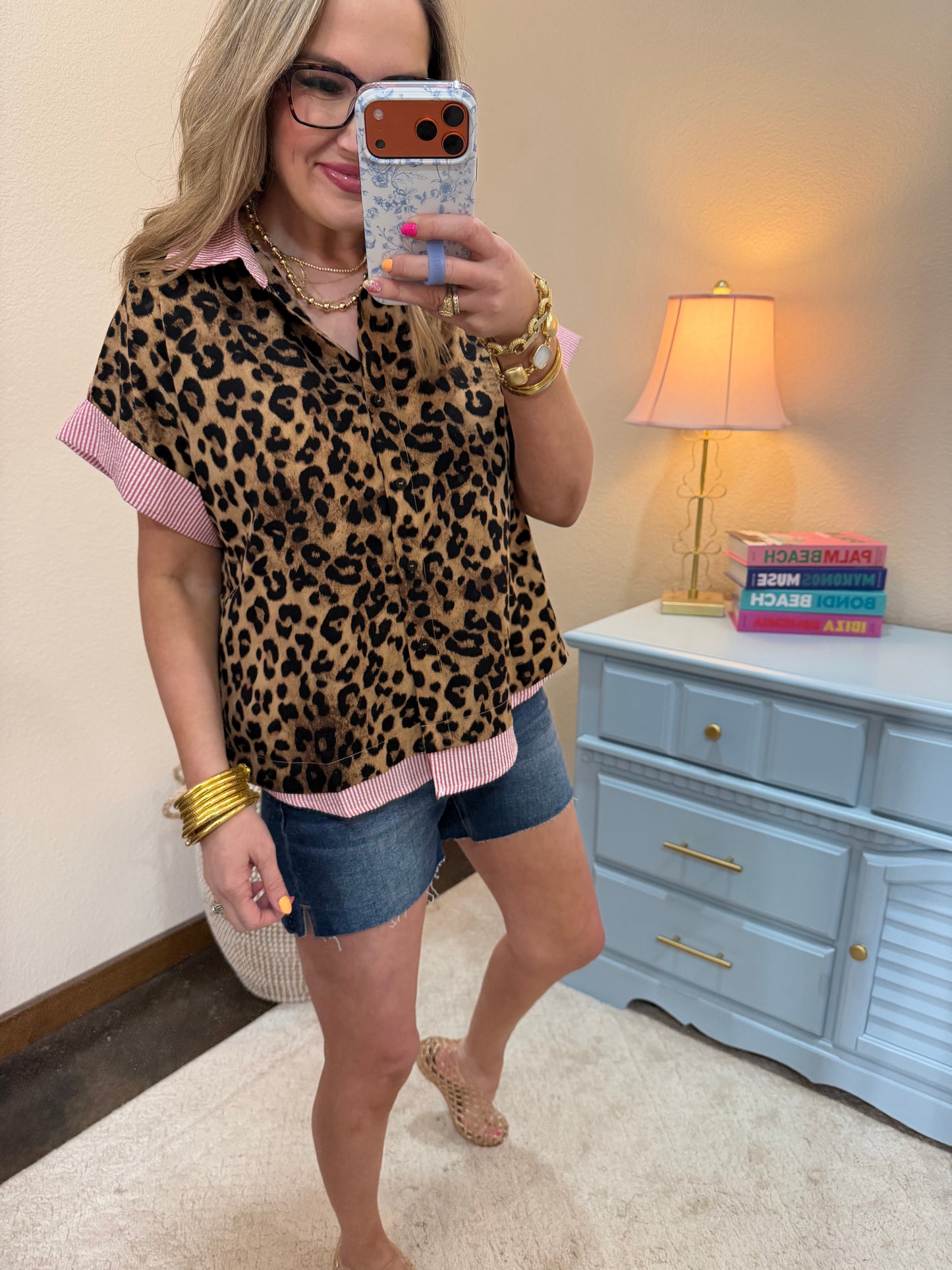 Red Leopard Button Down Top