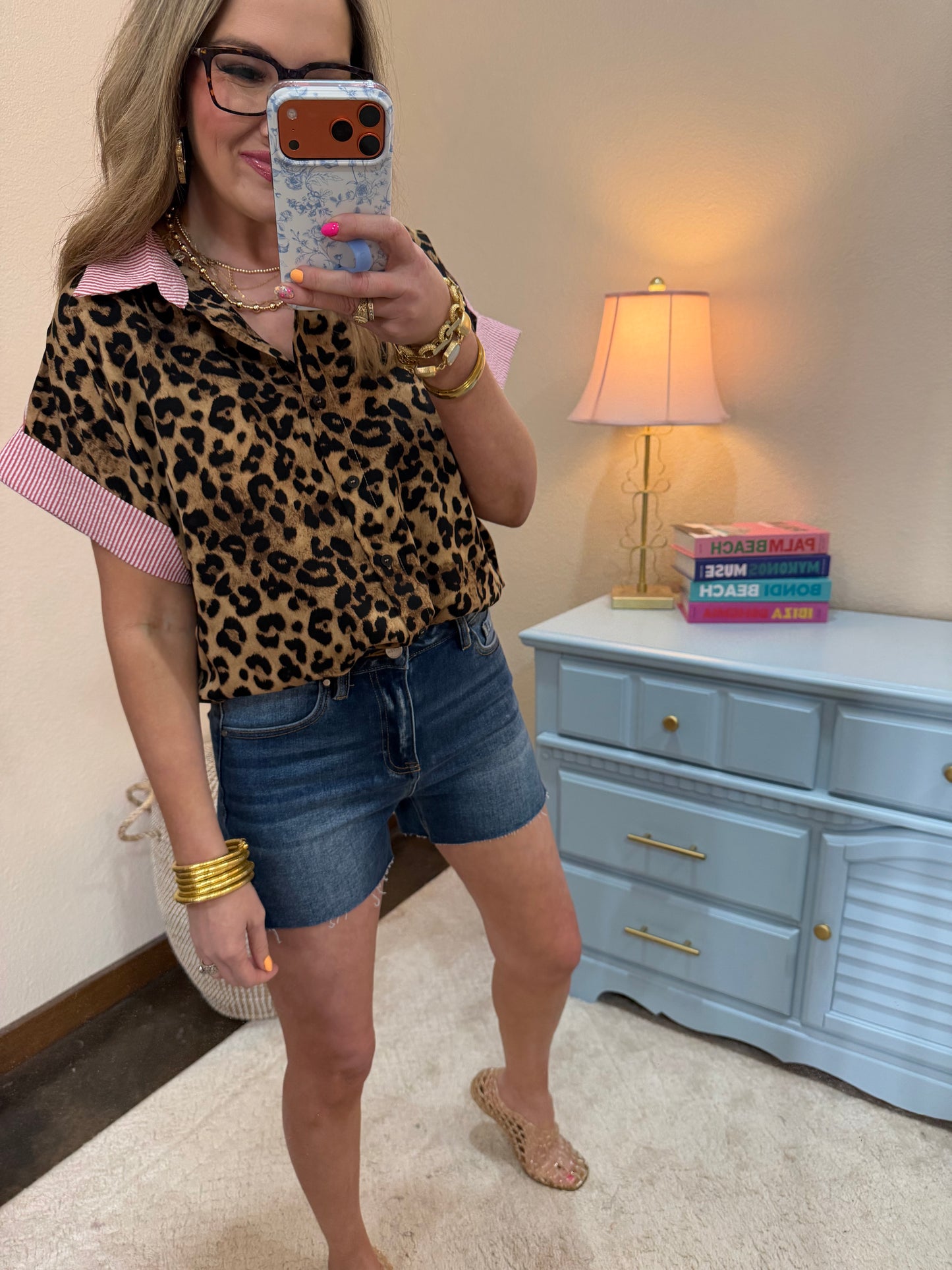 Red Leopard Button Down Top