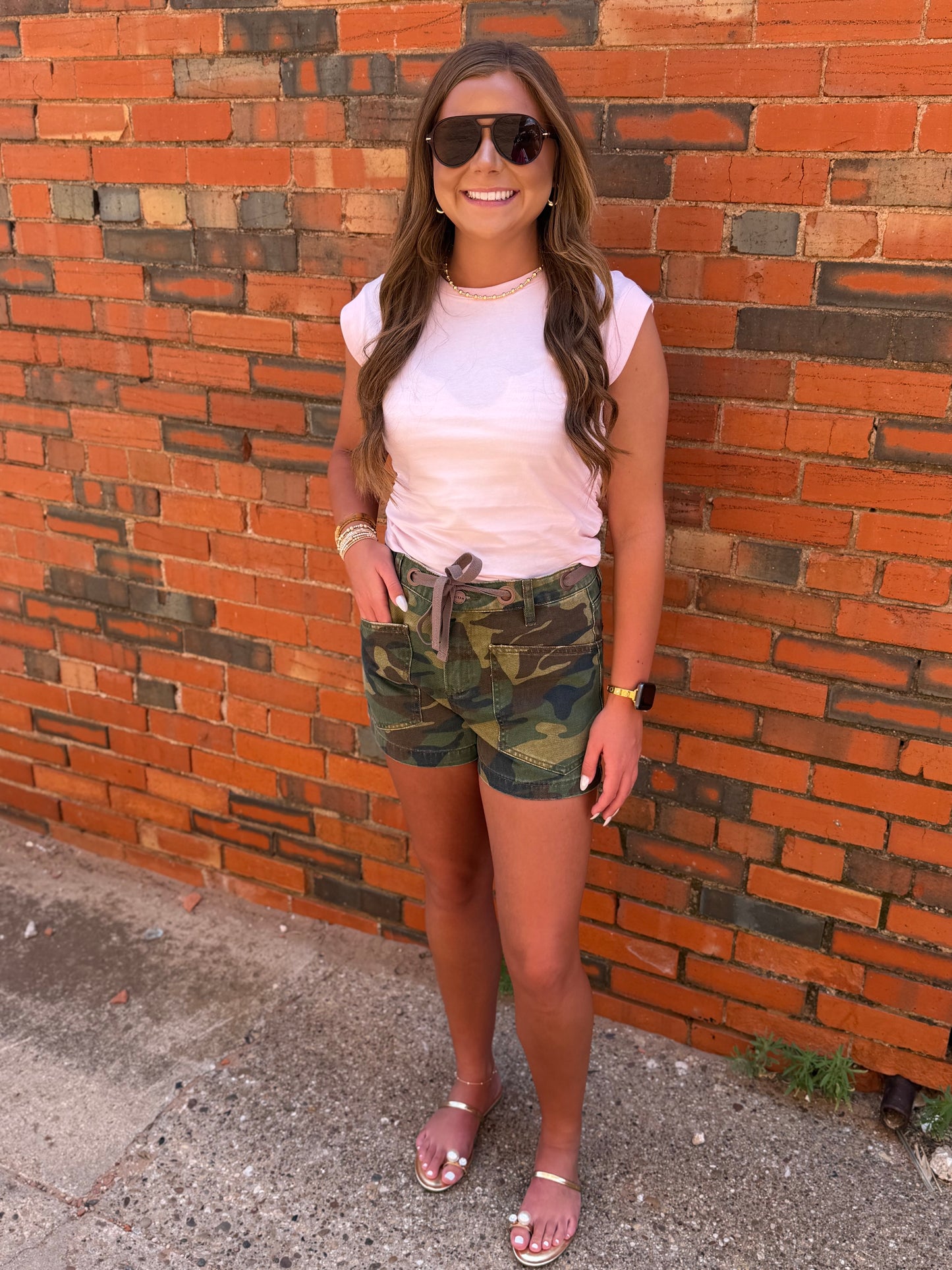 Risen Camo Slouchy Print Patch Pocket Shorts