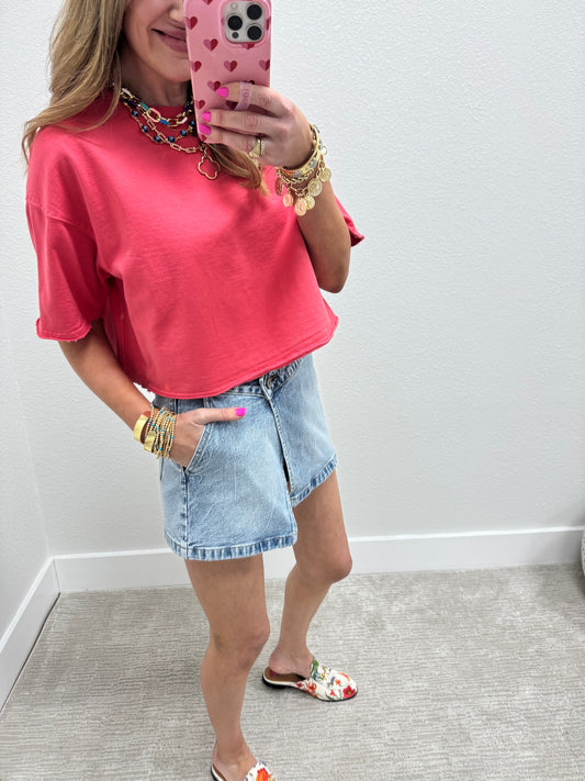 Coral Crop Raw Edge French Terry Short Sleeve