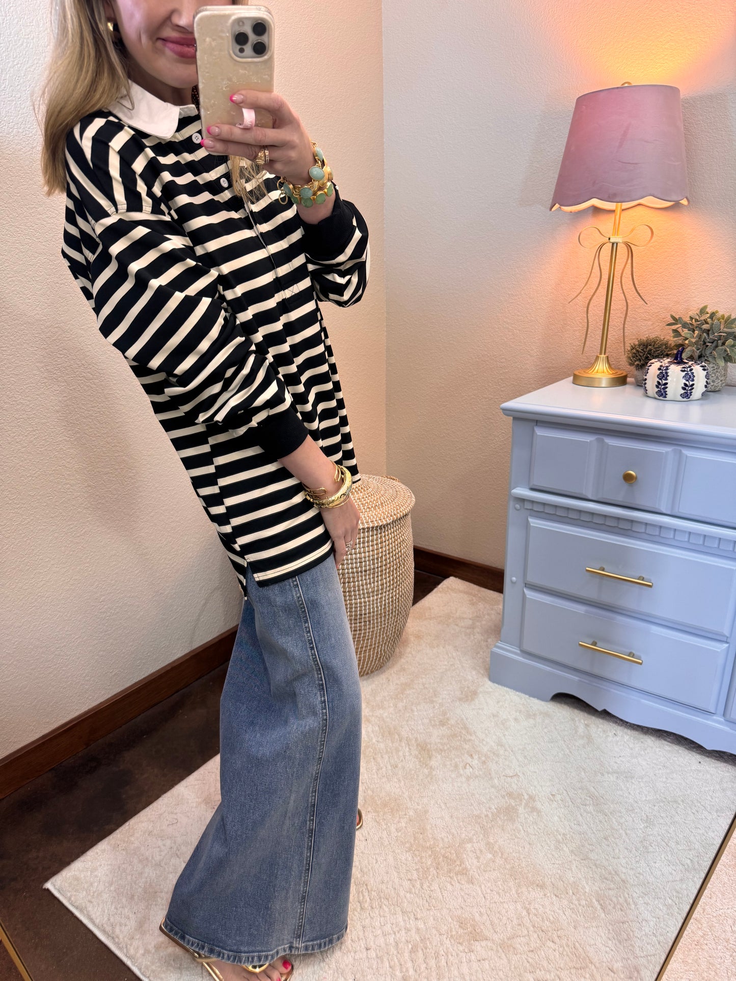 Black/Cream Button up Collar Long Sleeve Top