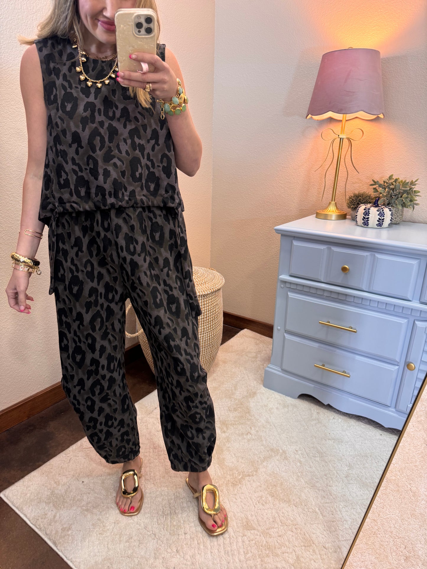 Leopard Printed Soft Knit Crew Neck Pant Set