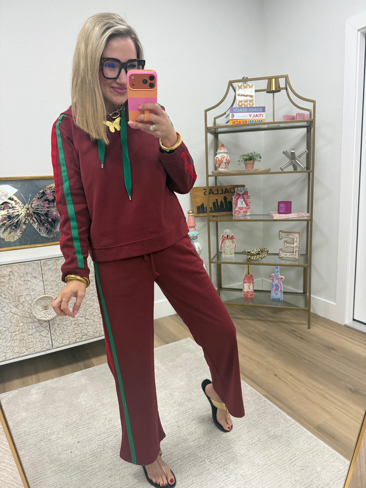 Burgundy Side Contrast Accent Casual Hoodie Set