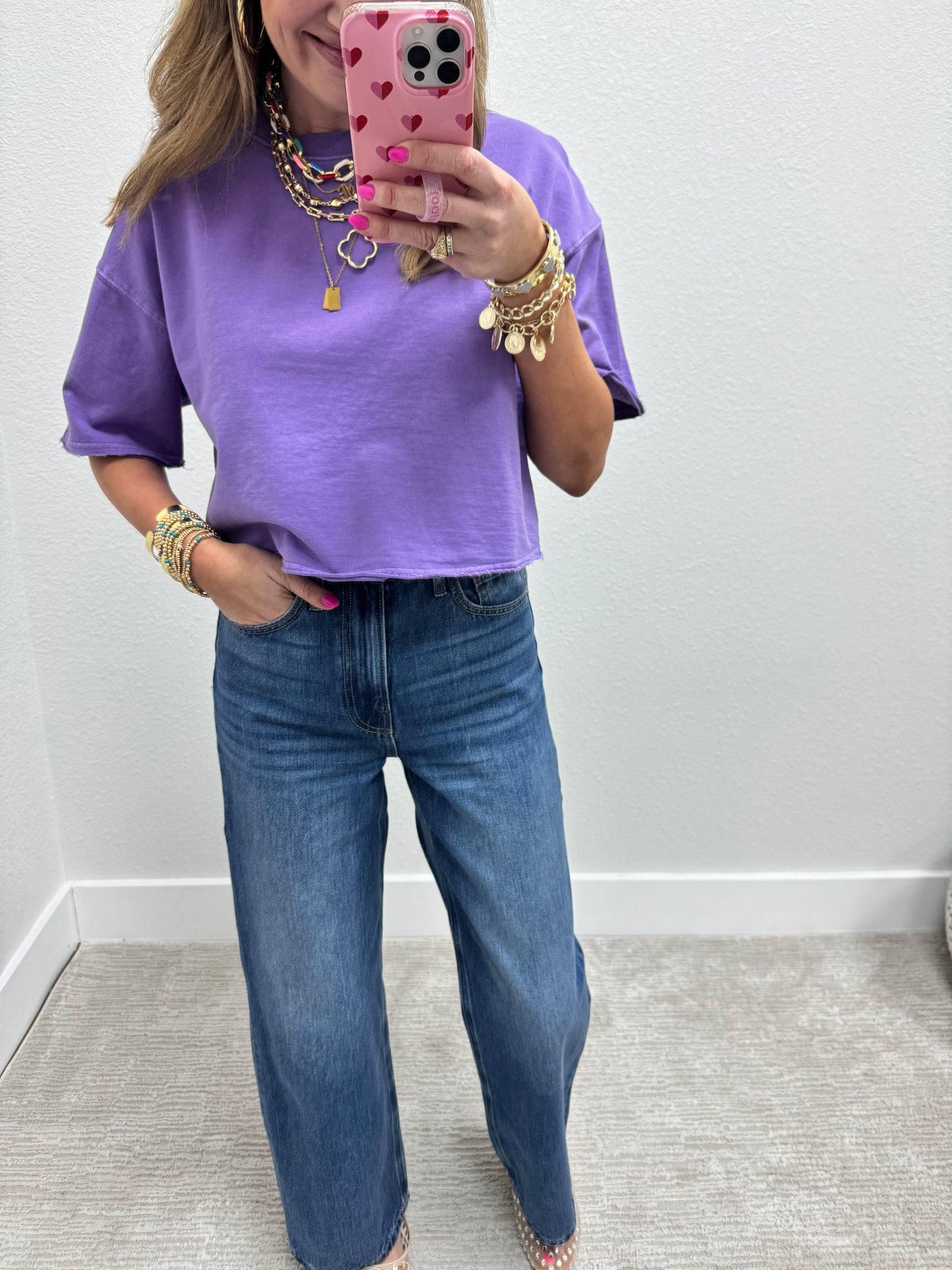 Wisteria Crop Raw Edge French Terry Short Sleeve