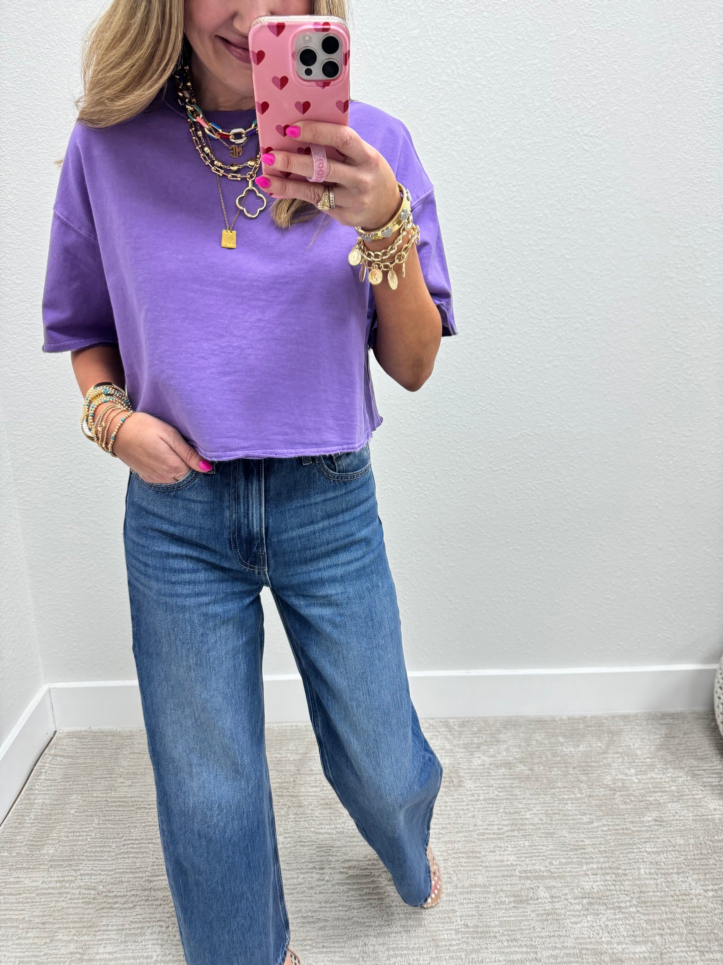 Wisteria Crop Raw Edge French Terry Short Sleeve
