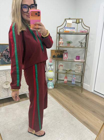 Burgundy Side Contrast Accent Casual Hoodie Set