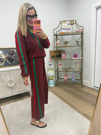 Burgundy Side Contrast Accent Casual Hoodie Set