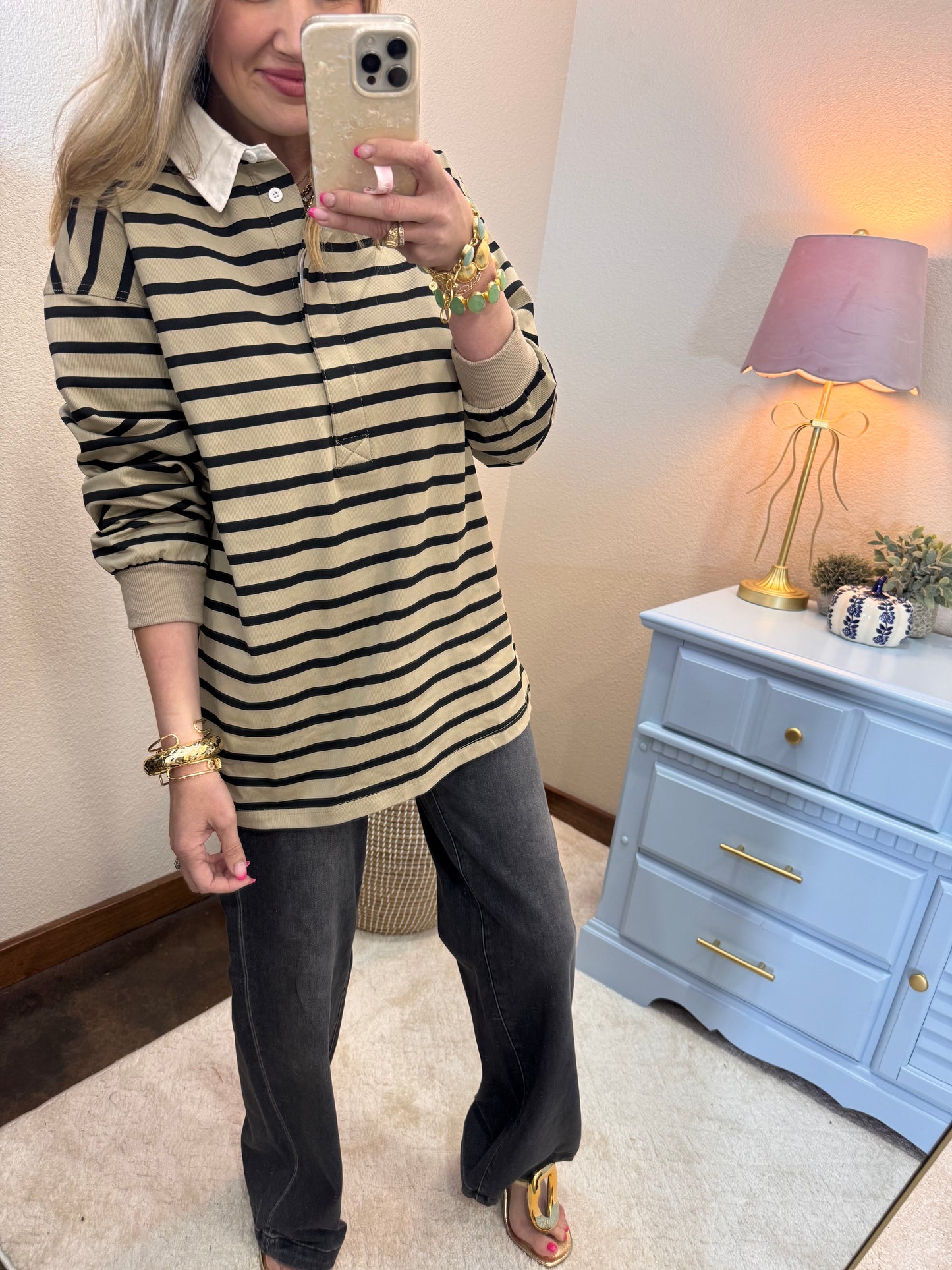 Taupe/Black Button up Collar Long Sleeve Top