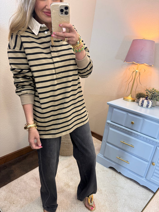 Taupe/Black Button up Collar Long Sleeve Top