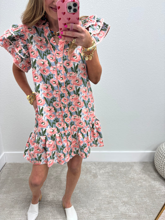 Coral Ric Rac Flutter Sleeve Floral Dress FS