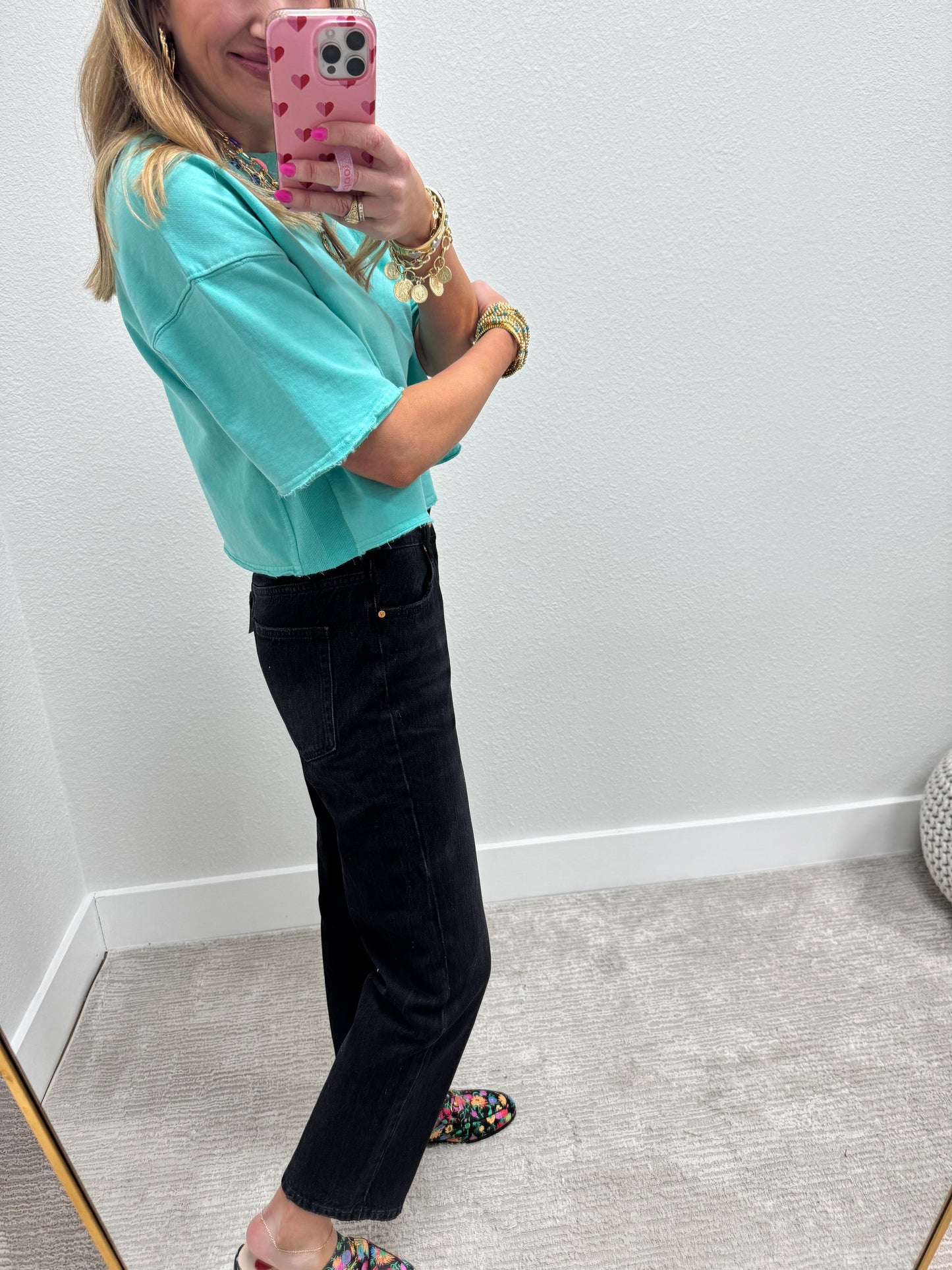 Turquoise Crop Raw Edge French Terry Short Sleeve