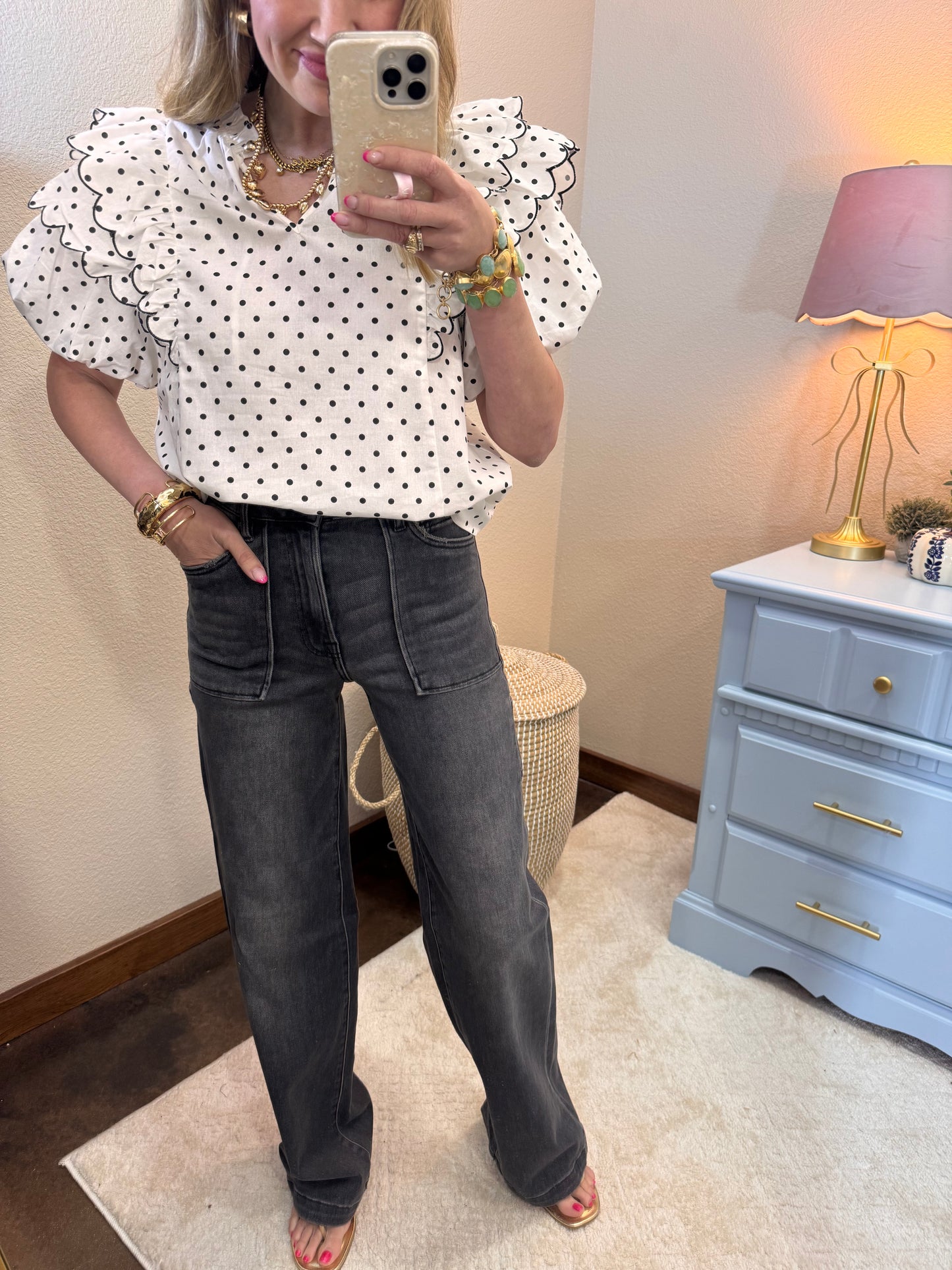 Polka Dot Contrast Edge Scallop Ruffle Top