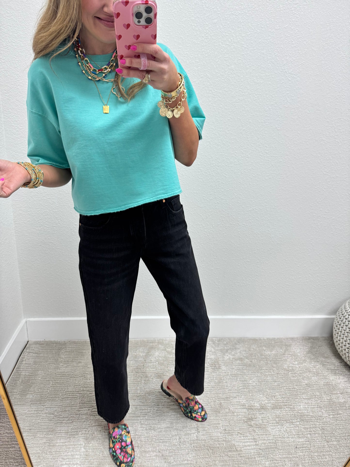 Turquoise Crop Raw Edge French Terry Short Sleeve