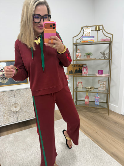 Burgundy Side Contrast Accent Casual Hoodie Set