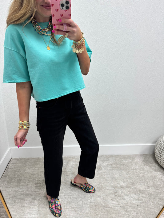Turquoise Crop Raw Edge French Terry Short Sleeve