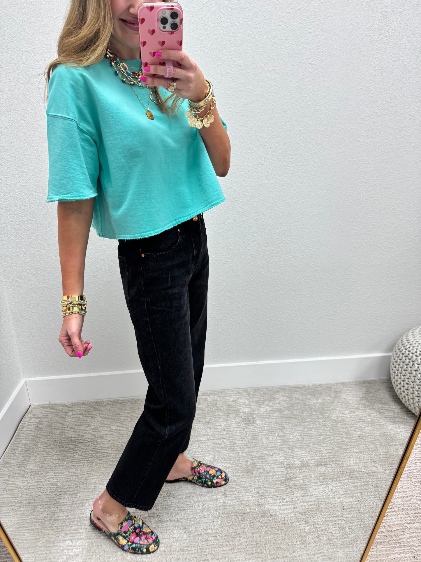 Turquoise Crop Raw Edge French Terry Short Sleeve