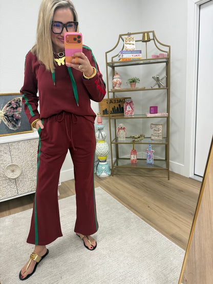 Burgundy Side Contrast Accent Casual Hoodie Set