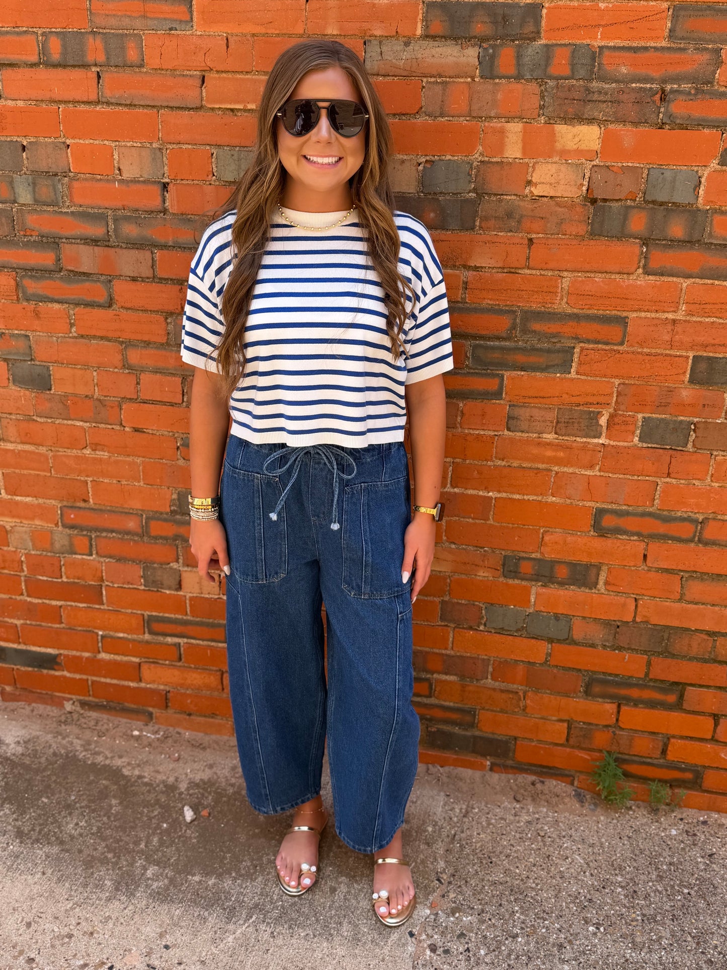 Denim Elastic Waist Pants With Oversized Pockets