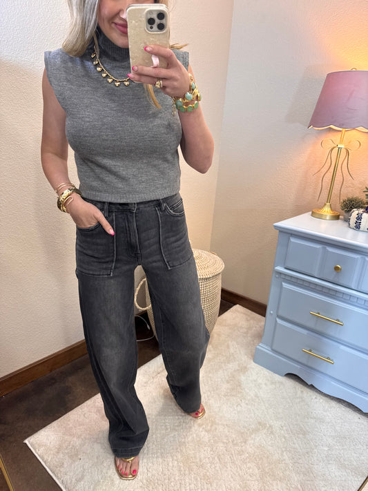 Grey Black Carpenter Wide Leg Jeans