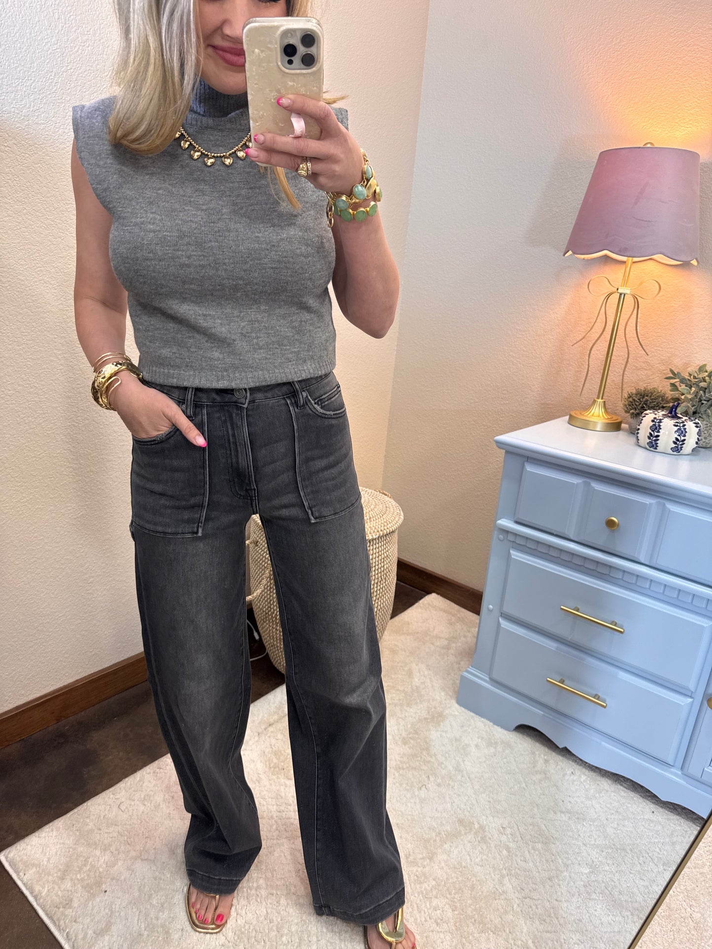 Grey Black Carpenter Wide Leg Jeans