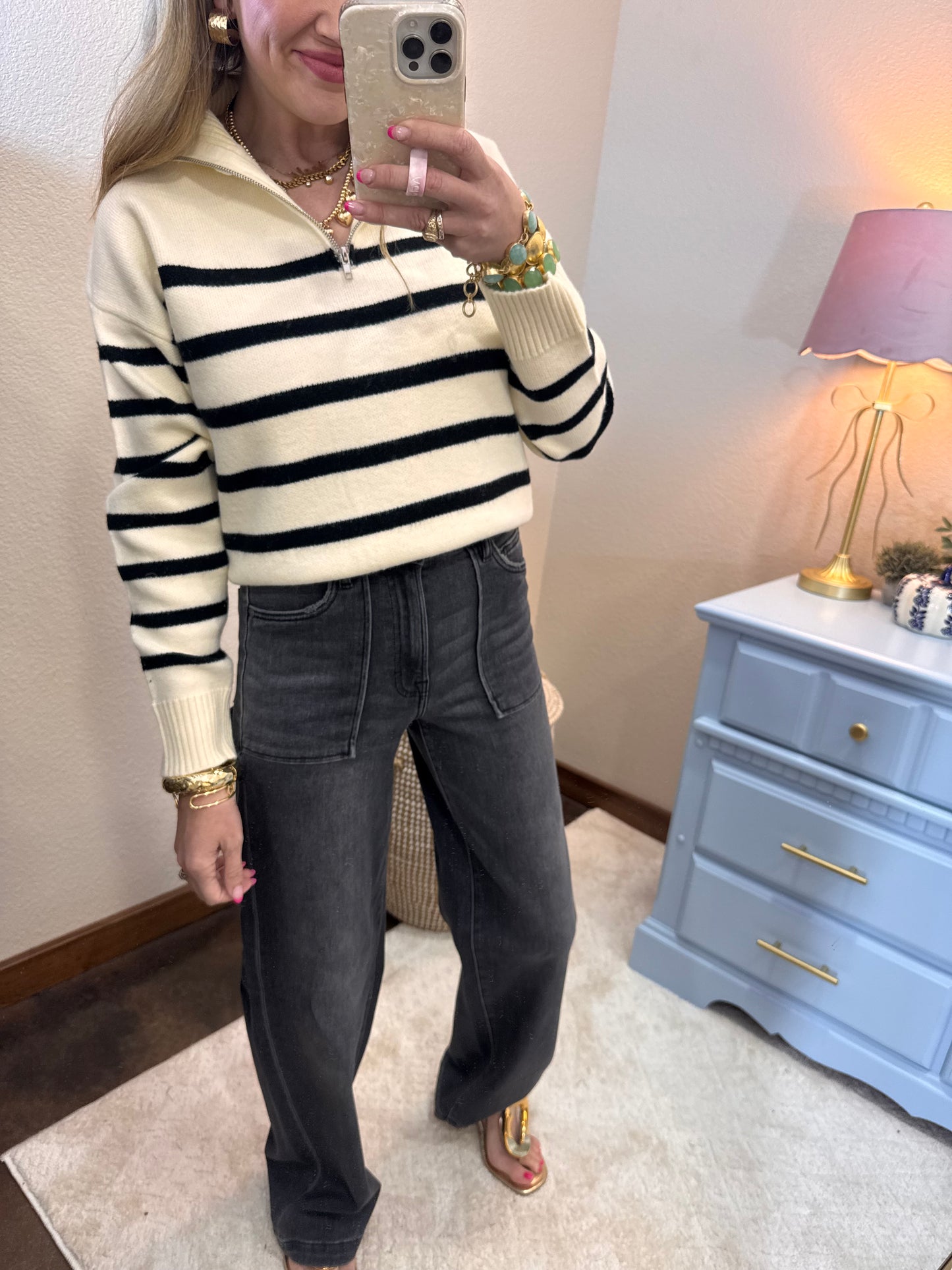 Black & Cream Half Zip Sweater