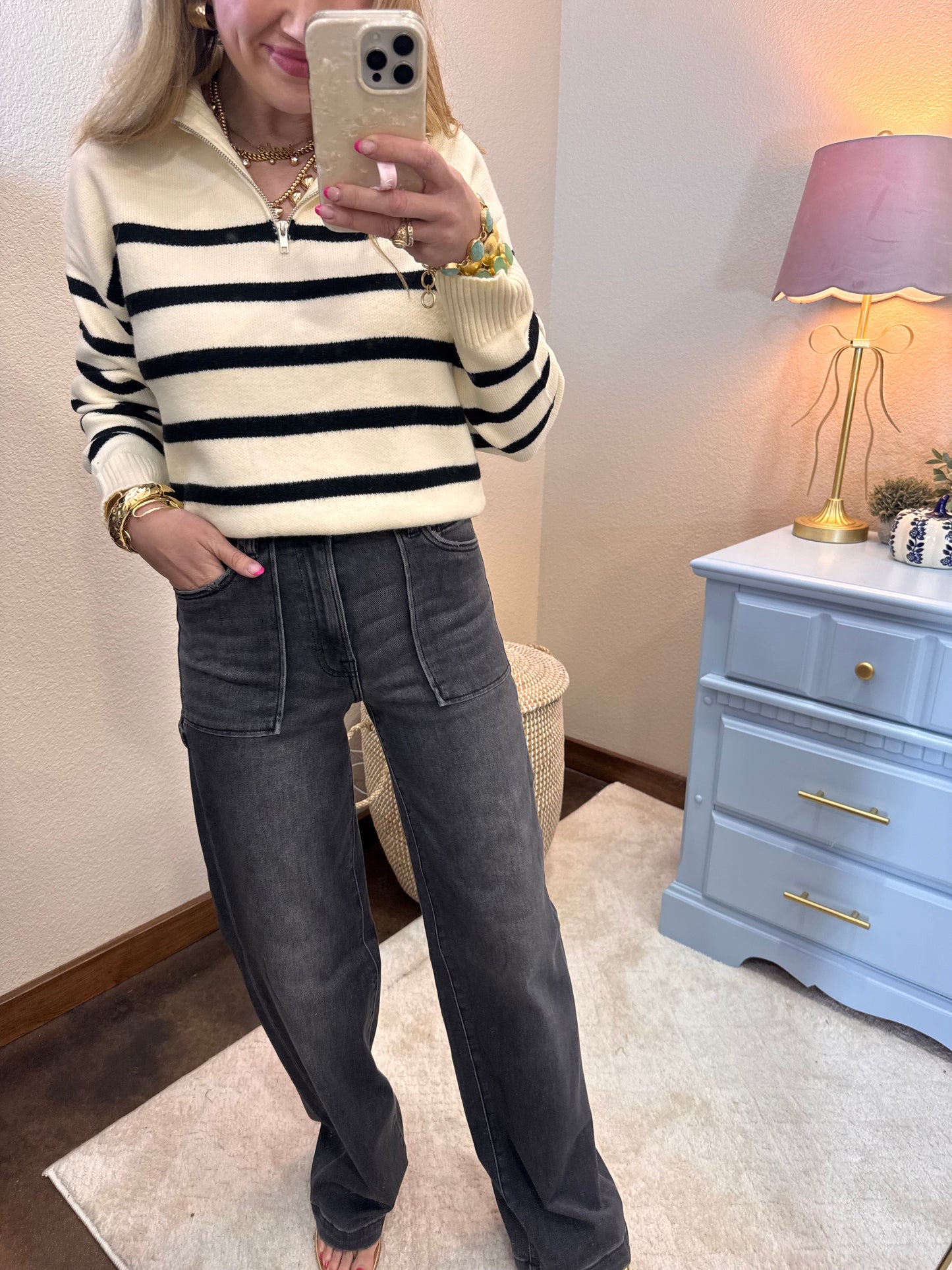 Black & Cream Half Zip Sweater