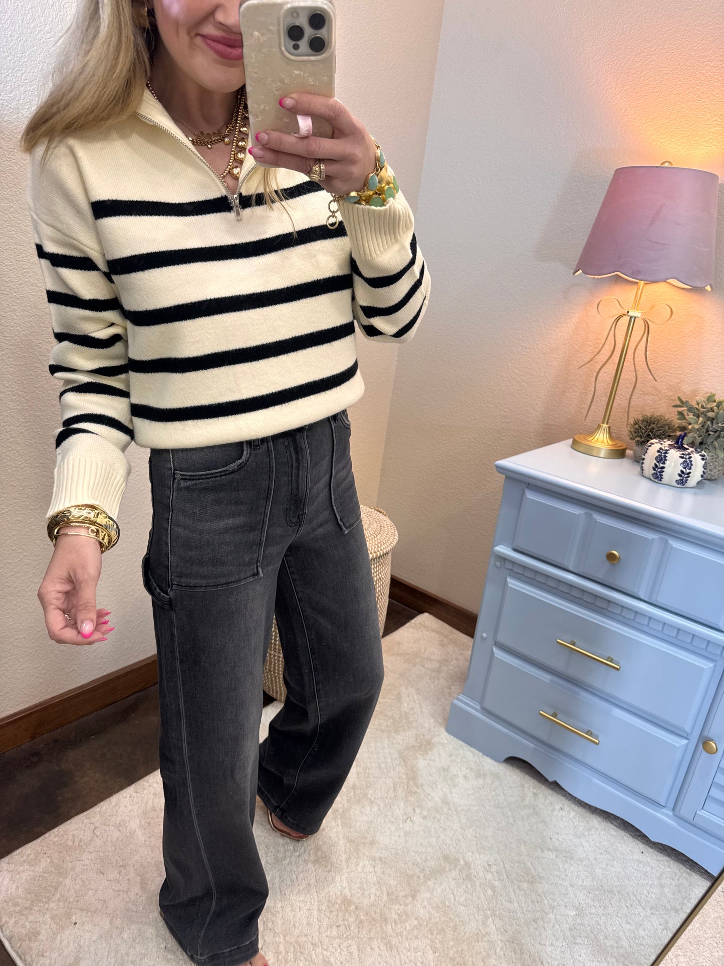 Black & Cream Half Zip Sweater