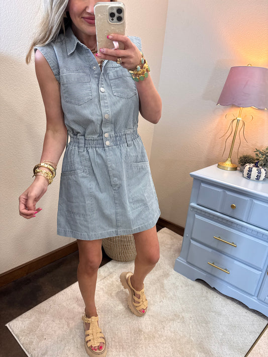Denim Pinstripe Elastic Waist Dress