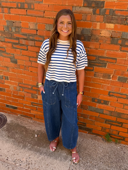 Denim Elastic Waist Pants With Oversized Pockets