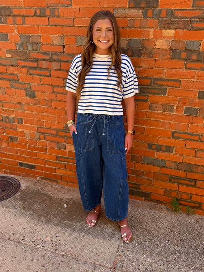 Denim Elastic Waist Pants With Oversized Pockets