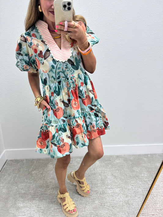 Seafoam Floral V Neck Dress