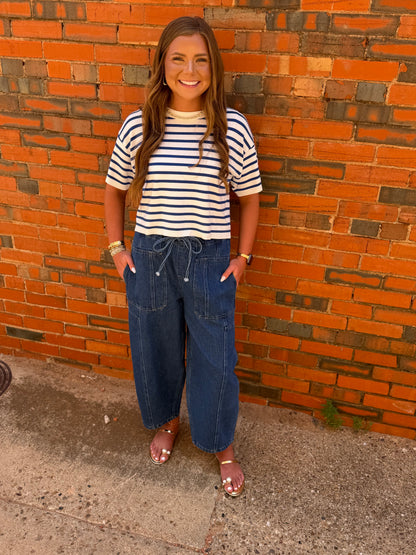 Denim Elastic Waist Pants With Oversized Pockets