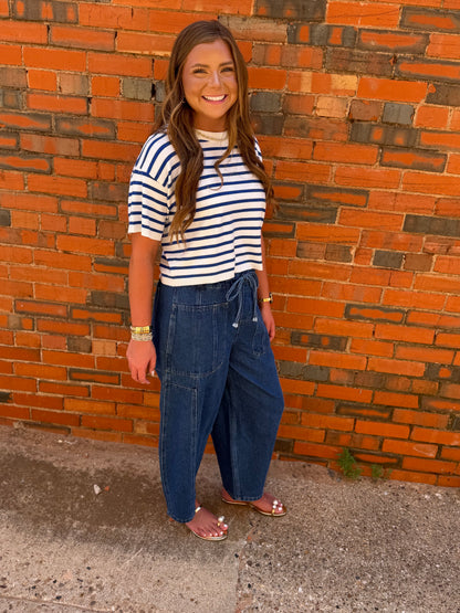 Denim Elastic Waist Pants With Oversized Pockets