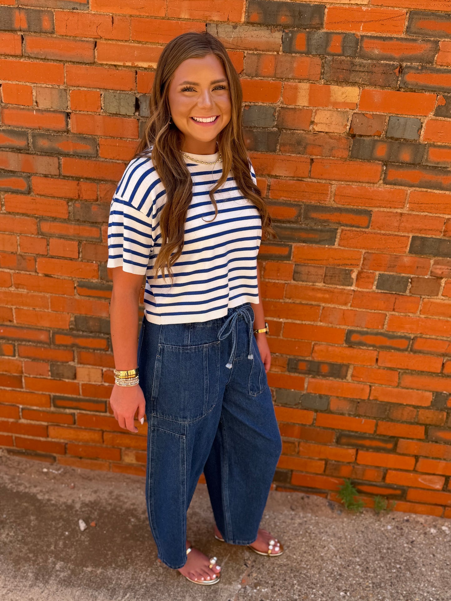 Denim Elastic Waist Pants With Oversized Pockets