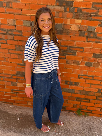 Denim Elastic Waist Pants With Oversized Pockets