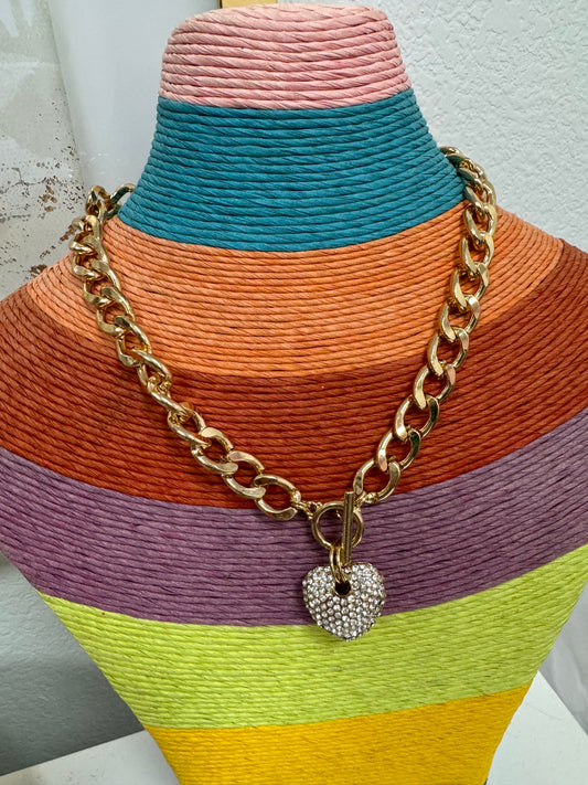 Crystal Heart Front Clasp Link Necklace