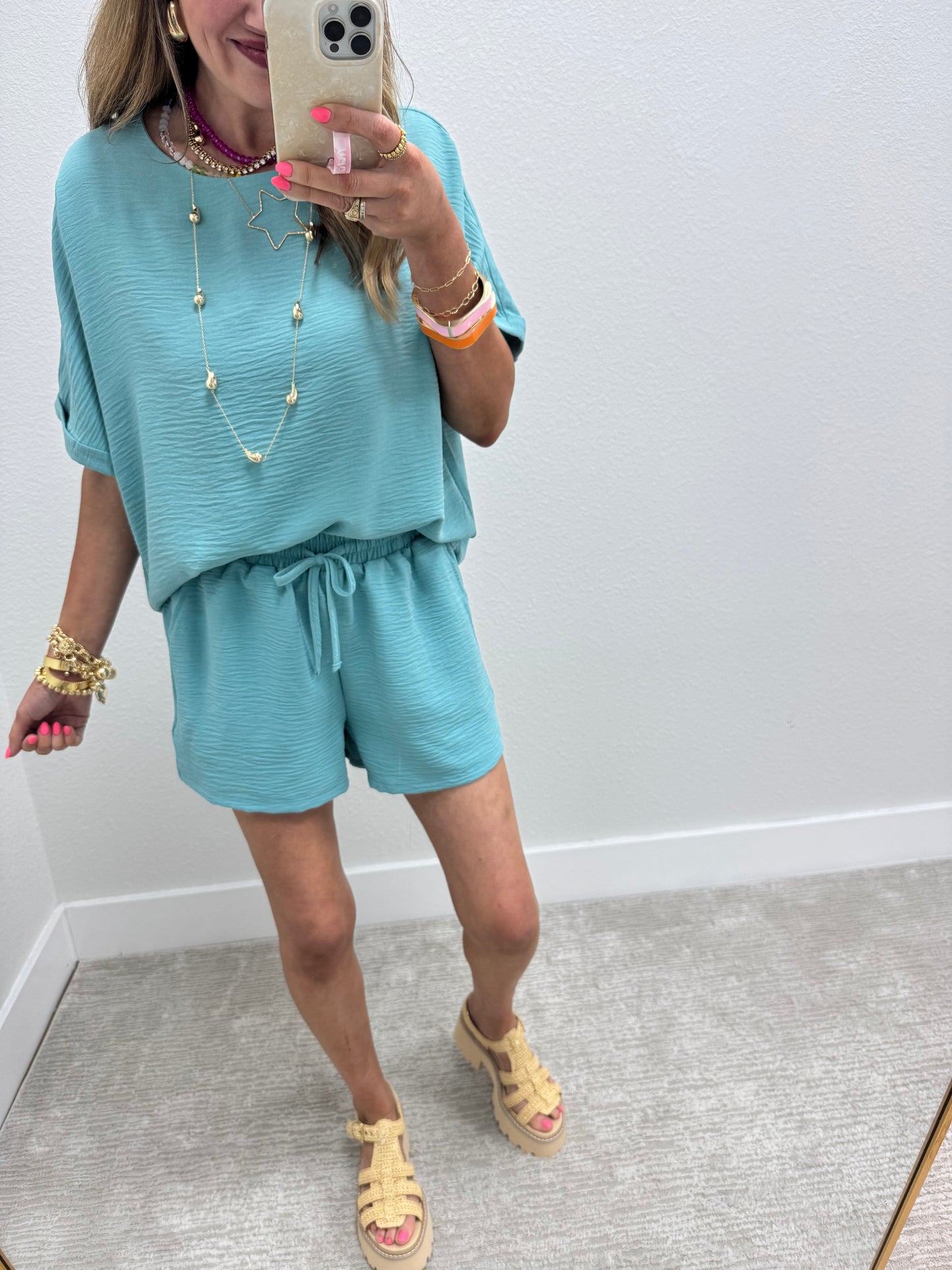 Dusty Teal Two Piece Poly Short Set