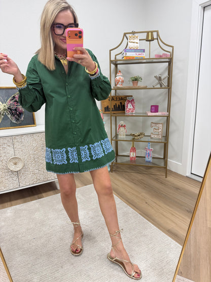 Hunter Green and Blue Embroidered Dress
