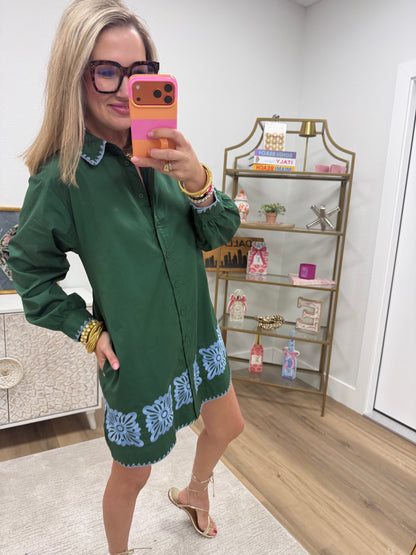 Hunter Green and Blue Embroidered Dress