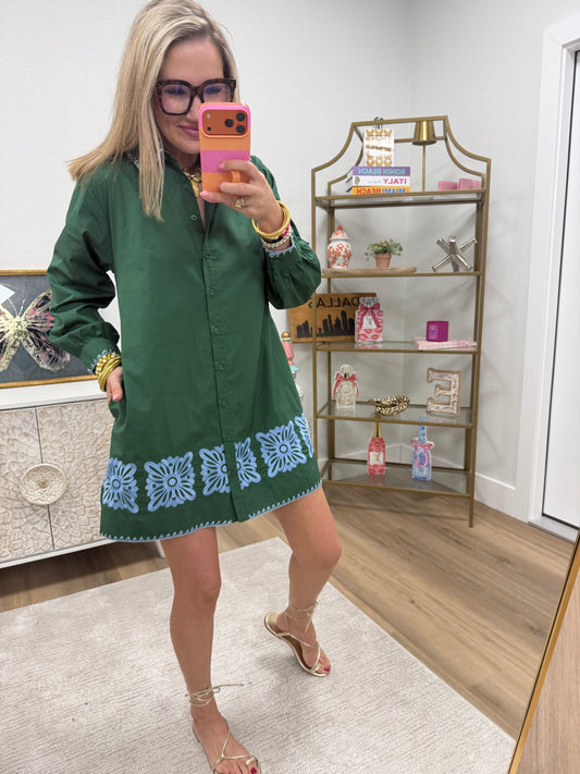 Hunter Green and Blue Embroidered Dress