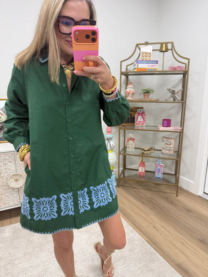 Hunter Green and Blue Embroidered Dress