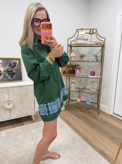 Hunter Green and Blue Embroidered Dress
