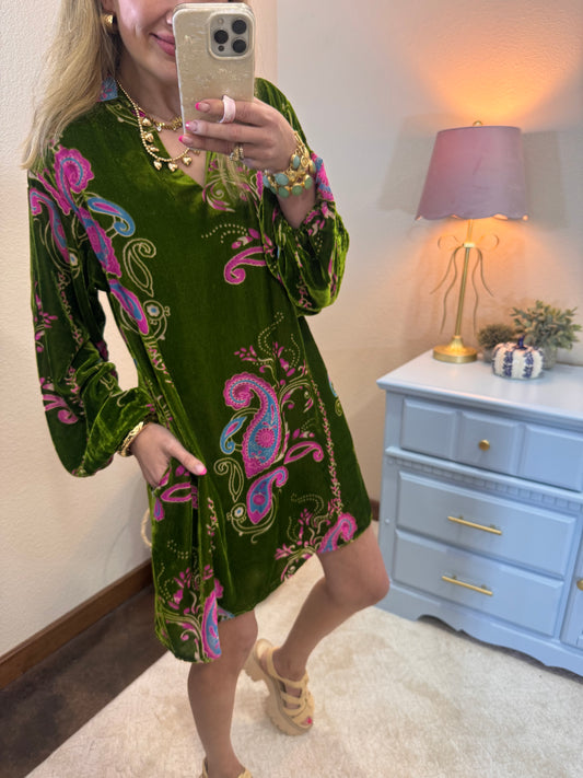 Paisley Print Velvet Dress